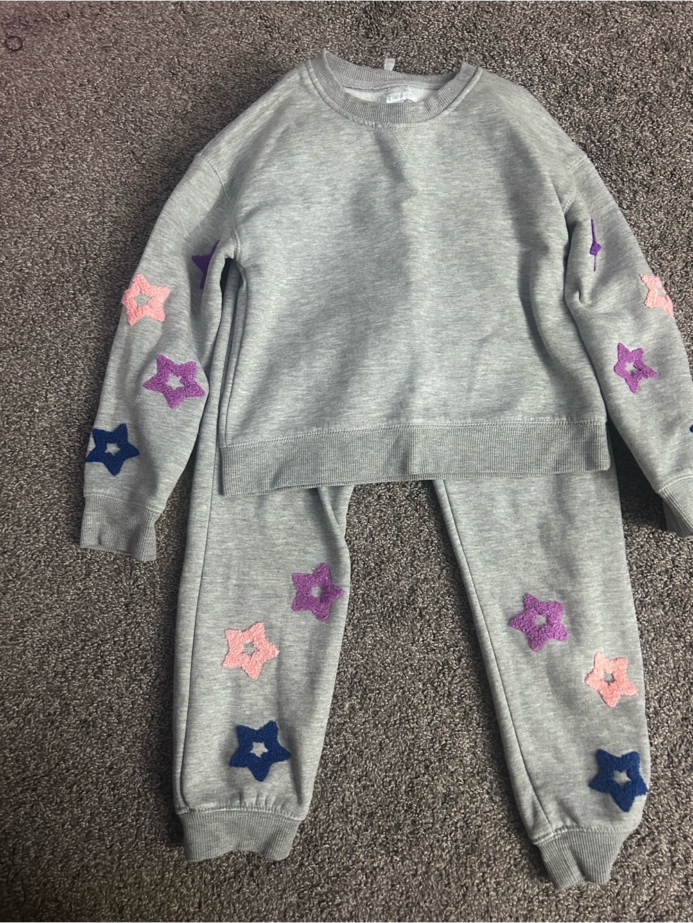 btween Gray Sweatshirt & Jogger Set with Pink, Purple & Blue Star Patches